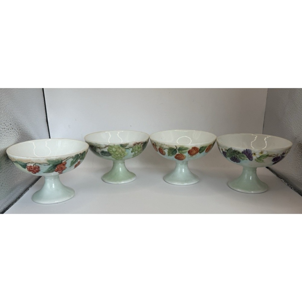 Antique Porcelain Pedestal Sherbet/Fruit Dessert Cups Set of 4  Signed